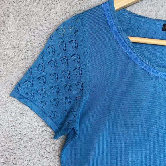 Minimalist Sweater Knit M Cottagecore Dainty Pointelle Blue SS 100% Cotton - Picture 5 of 14